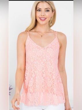 New Blushing Pink Lace Cross Back Thin Strap Elegant Romantic Tank Top